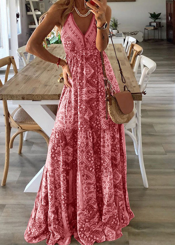 Holiday Long Green Print Dress Strap Sexy V Spaghetti Neck Sleeveless