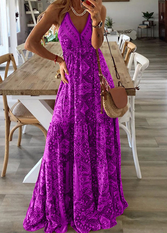 Holiday Long Green Print Dress Strap Sexy V Spaghetti Neck Sleeveless