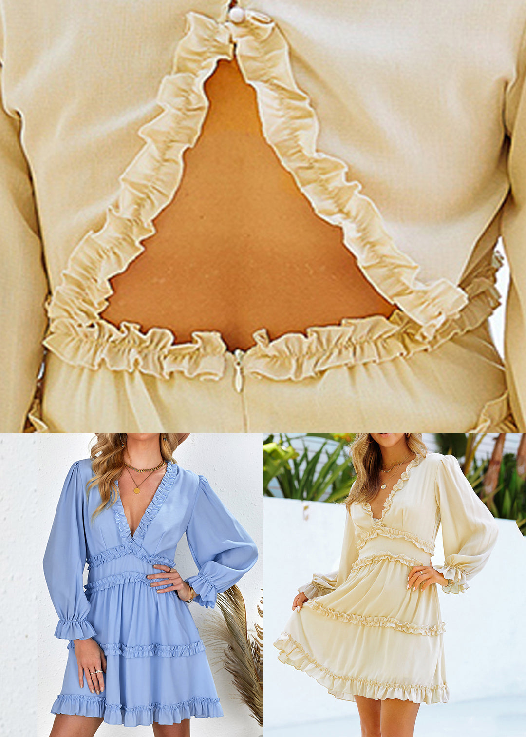 Dress Light Sexy Mid Lantern Patchwork Blue Ruffled Sleeve