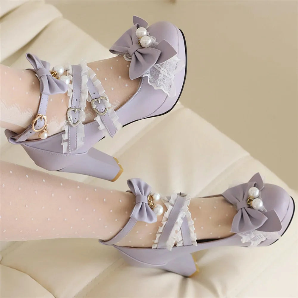 33-43 - Bow Shoes Heels Round Lolita Pearl Lace Head