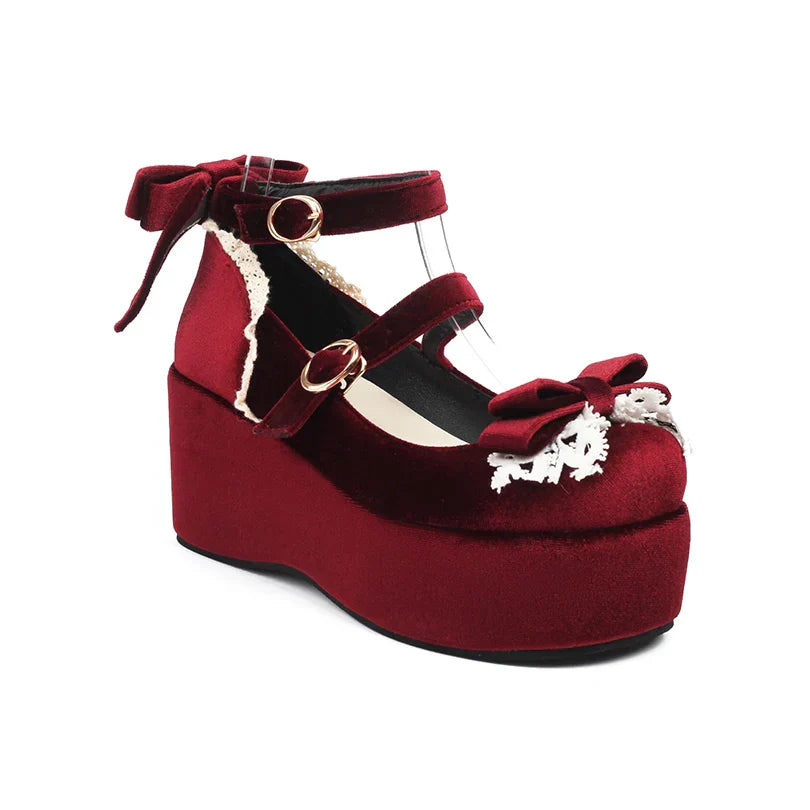 Sponge Shoes Cake Frosted Flock Heels Bow Lace 34-45 Lolita -