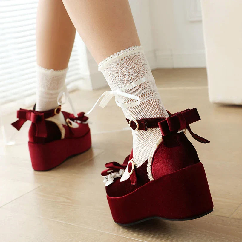 Sponge Shoes Cake Frosted Flock Heels Bow Lace 34-45 Lolita -