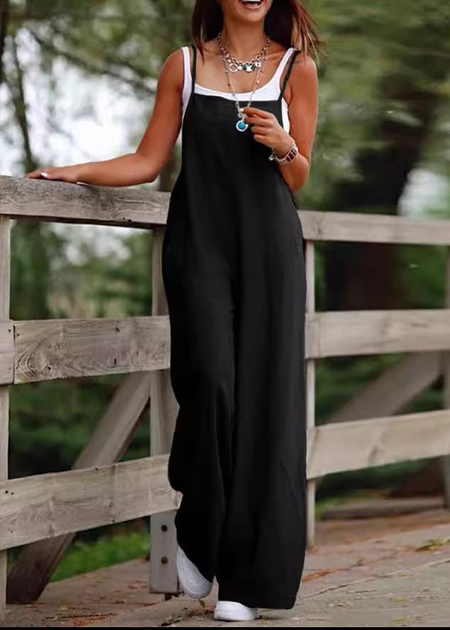Jumpsuit Black Patchwork Leg Wide Slash Neck Simple Summer