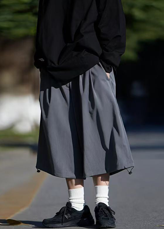 Drawstring Summer Ice Men Crop Pants Silk Simple Grey Pockets