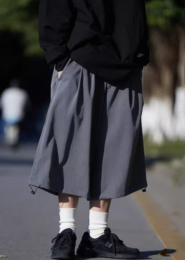 Drawstring Summer Ice Men Crop Pants Silk Simple Grey Pockets