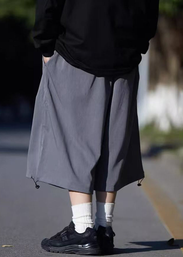 Drawstring Summer Ice Men Crop Pants Silk Simple Grey Pockets