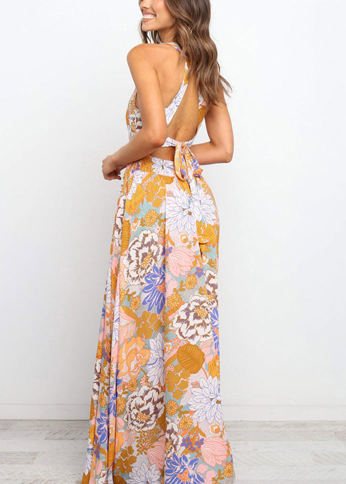 Dresses Sleeveless Slim Print Tunic Colorblock Fit Backless Maxi