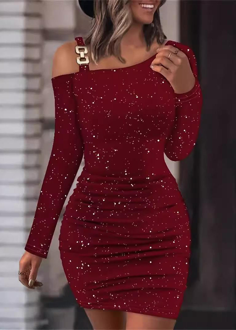 Dresses Mulberry Sequins Mid Fall Slim Cold Fit Shoulder
