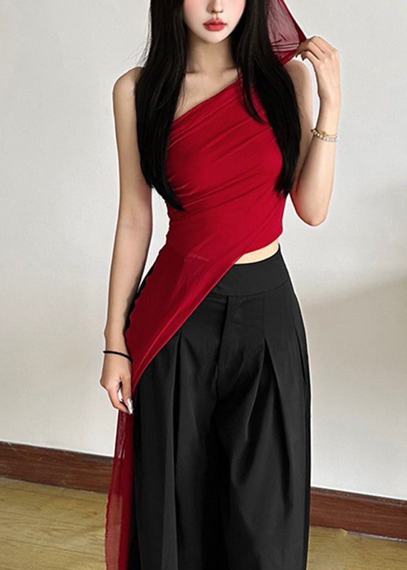 One Fit Red Tulle Asymmetrical Sleeveless Shoulder Shirt Slim