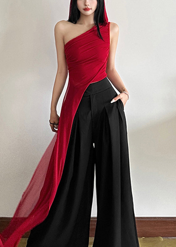 One Fit Red Tulle Asymmetrical Sleeveless Shoulder Shirt Slim