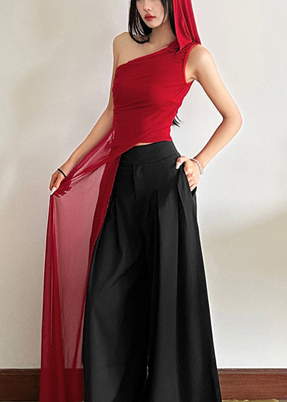 One Fit Red Tulle Asymmetrical Sleeveless Shoulder Shirt Slim