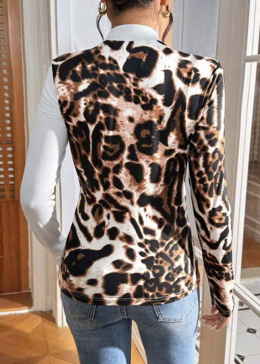 Slim Print Fit Streetwear Long Sleeved Patchwork T-Shirt Leopard