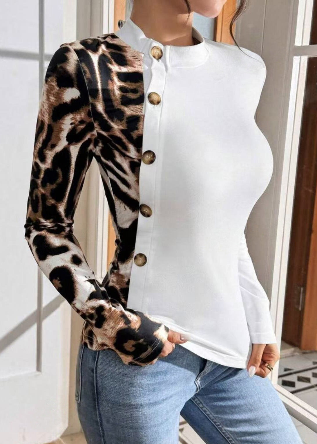 Slim Print Fit Streetwear Long Sleeved Patchwork T-Shirt Leopard
