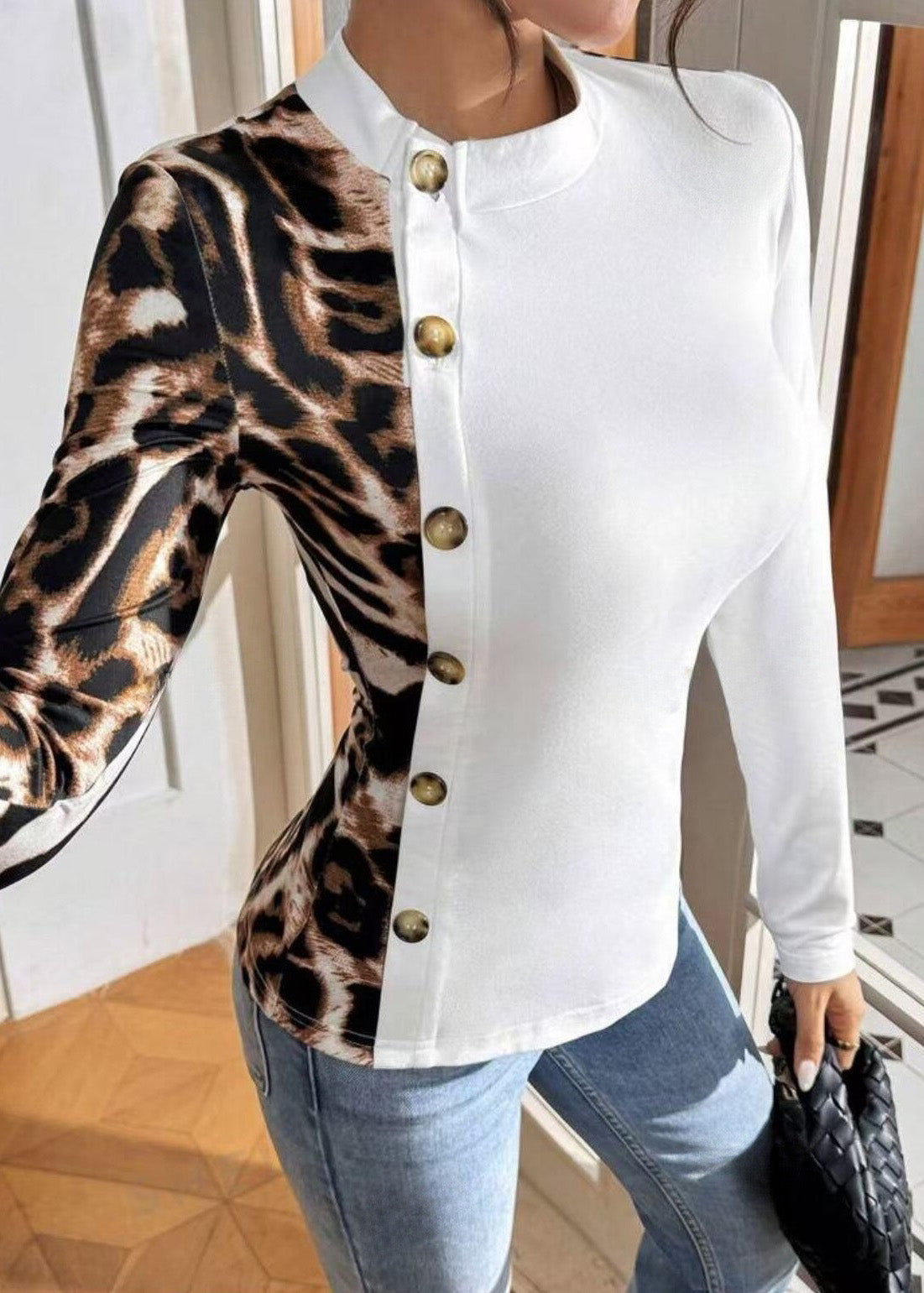 Slim Print Fit Streetwear Long Sleeved Patchwork T-Shirt Leopard