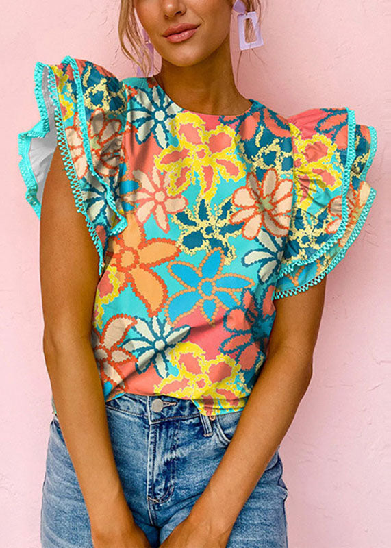 Ruffled O-Neck T Summer Print Green Style Shirt