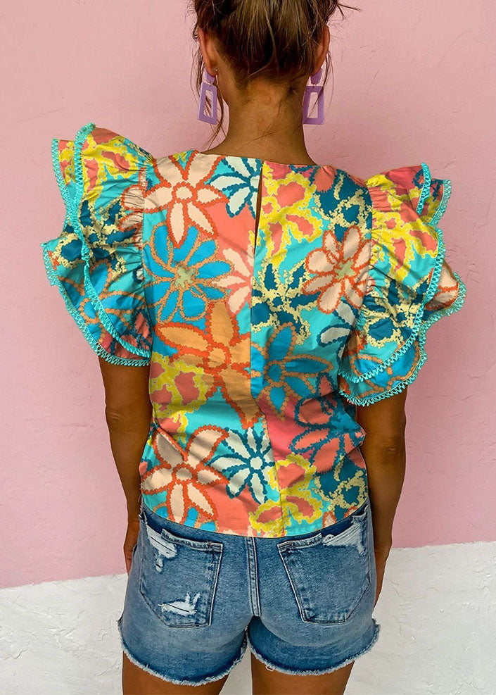 Ruffled O-Neck T Summer Print Green Style Shirt