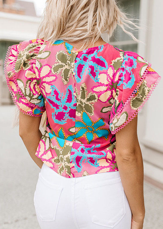 Ruffled O-Neck T Summer Print Green Style Shirt