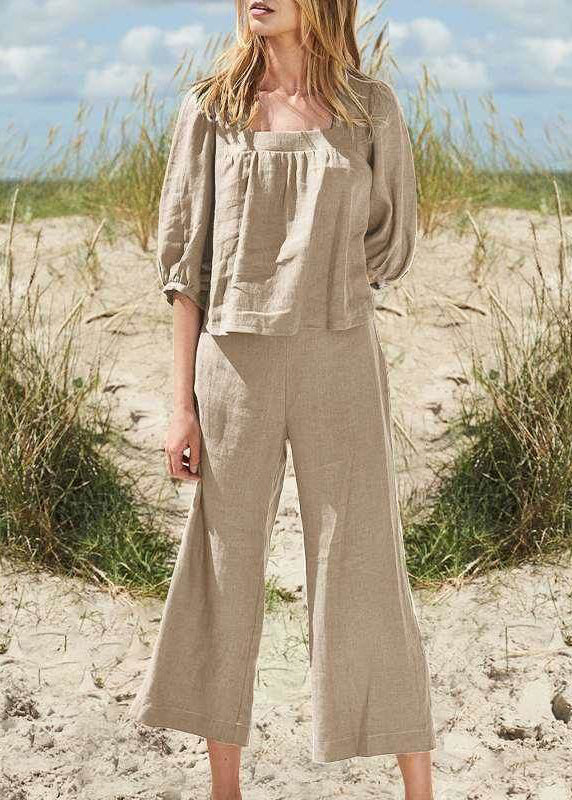 Collar And Square Khaki Top Pants Set Crop Pieces Two Half Style