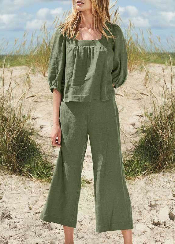 Collar And Square Khaki Top Pants Set Crop Pieces Two Half Style