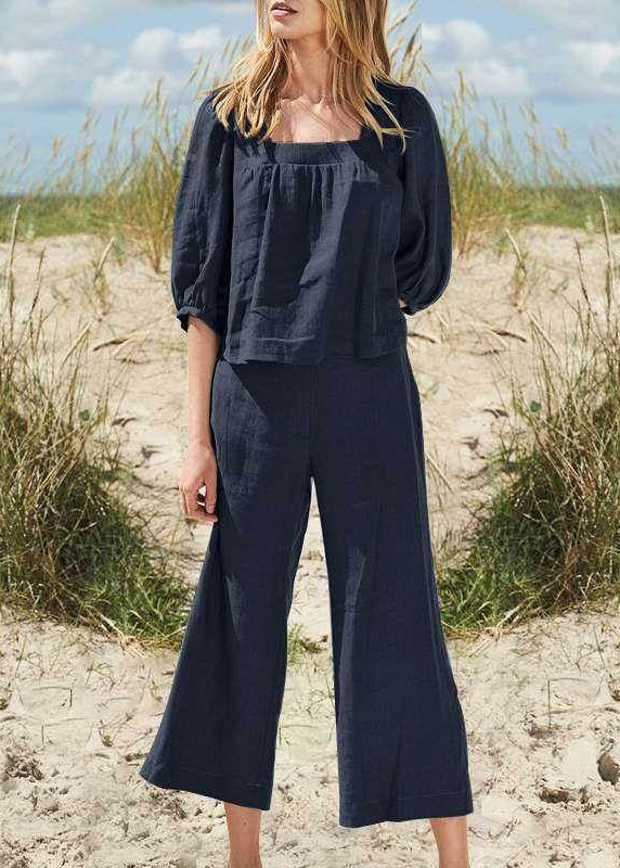 Collar And Square Khaki Top Pants Set Crop Pieces Two Half Style