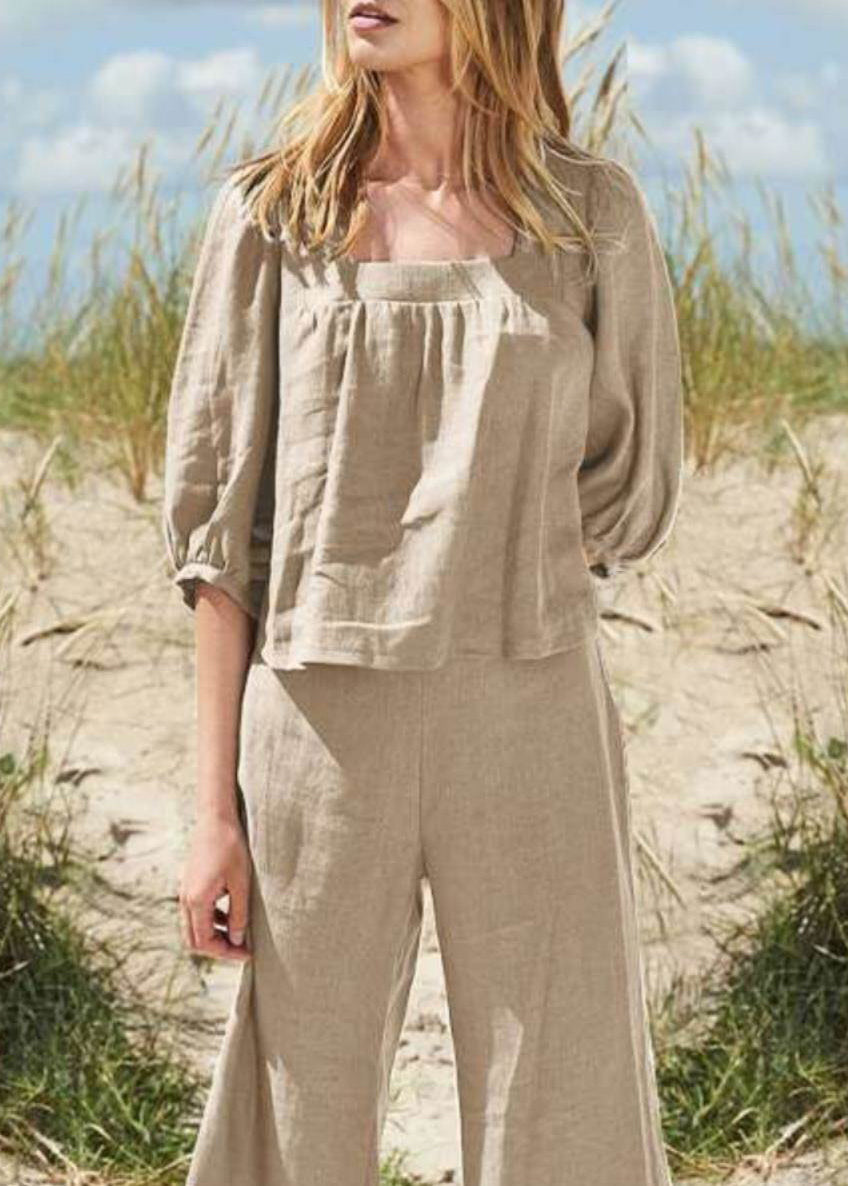 Collar And Square Khaki Top Pants Set Crop Pieces Two Half Style