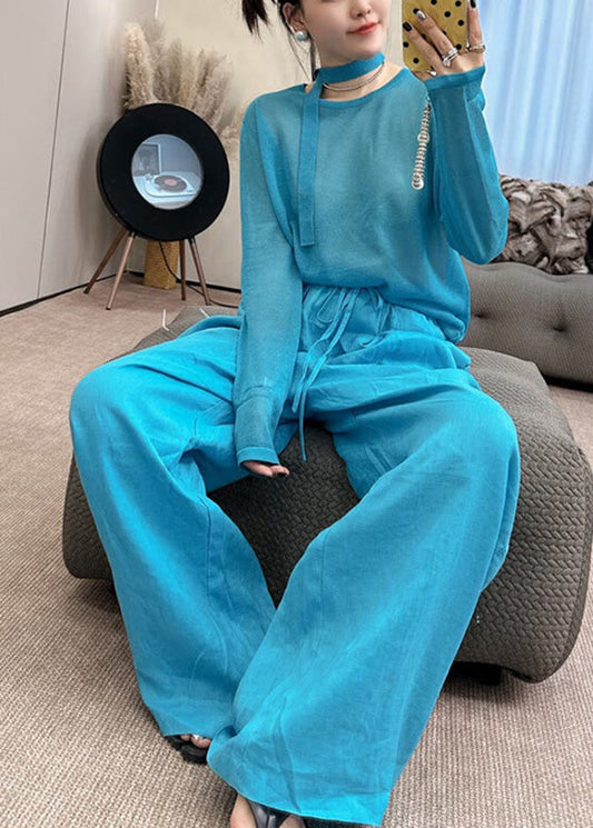 Fall Leg Two Wide Pants Set Piece And O-Neck Blue Stylish Knit Toop