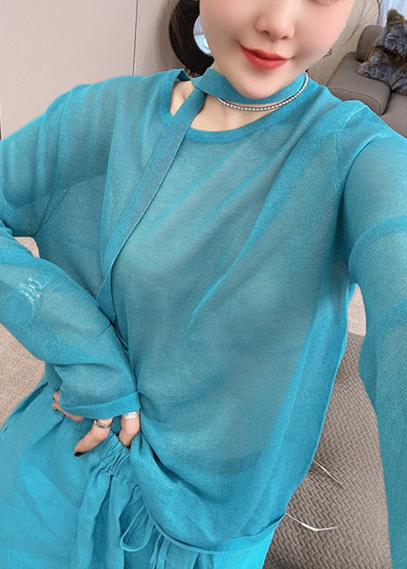 Fall Leg Two Wide Pants Set Piece And O-Neck Blue Stylish Knit Toop