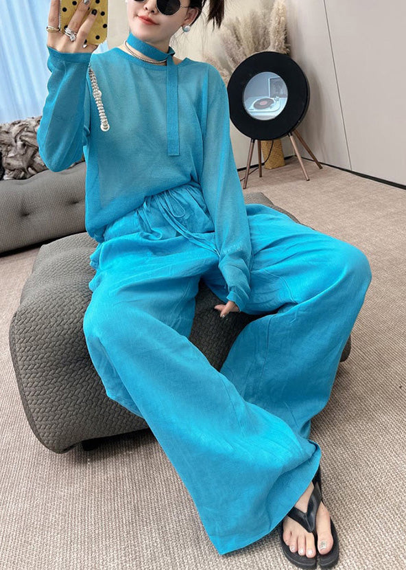 Fall Leg Two Wide Pants Set Piece And O-Neck Blue Stylish Knit Toop
