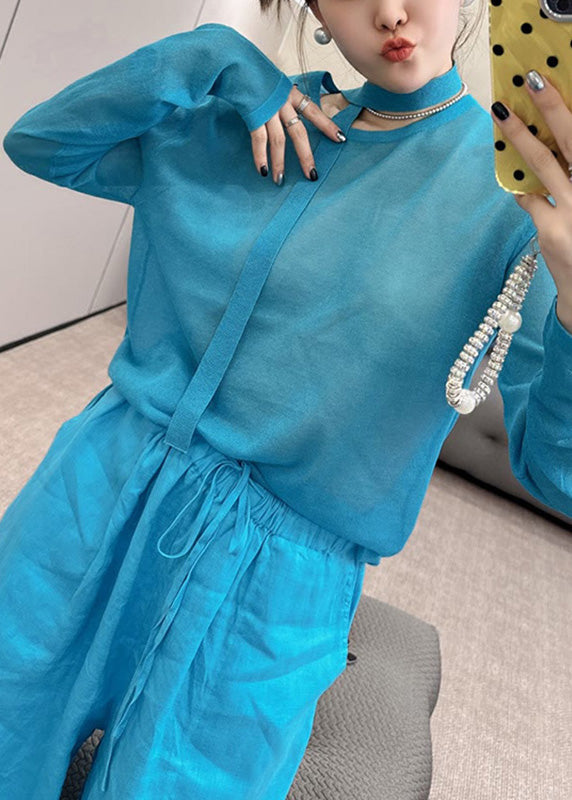 Fall Leg Two Wide Pants Set Piece And O-Neck Blue Stylish Knit Toop