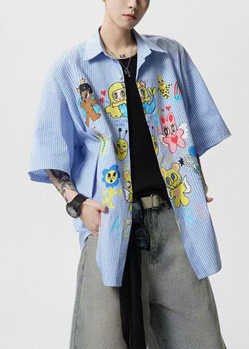 Cotton Mens Pan Stylish Shirts Collar Blue Summer Print Peter