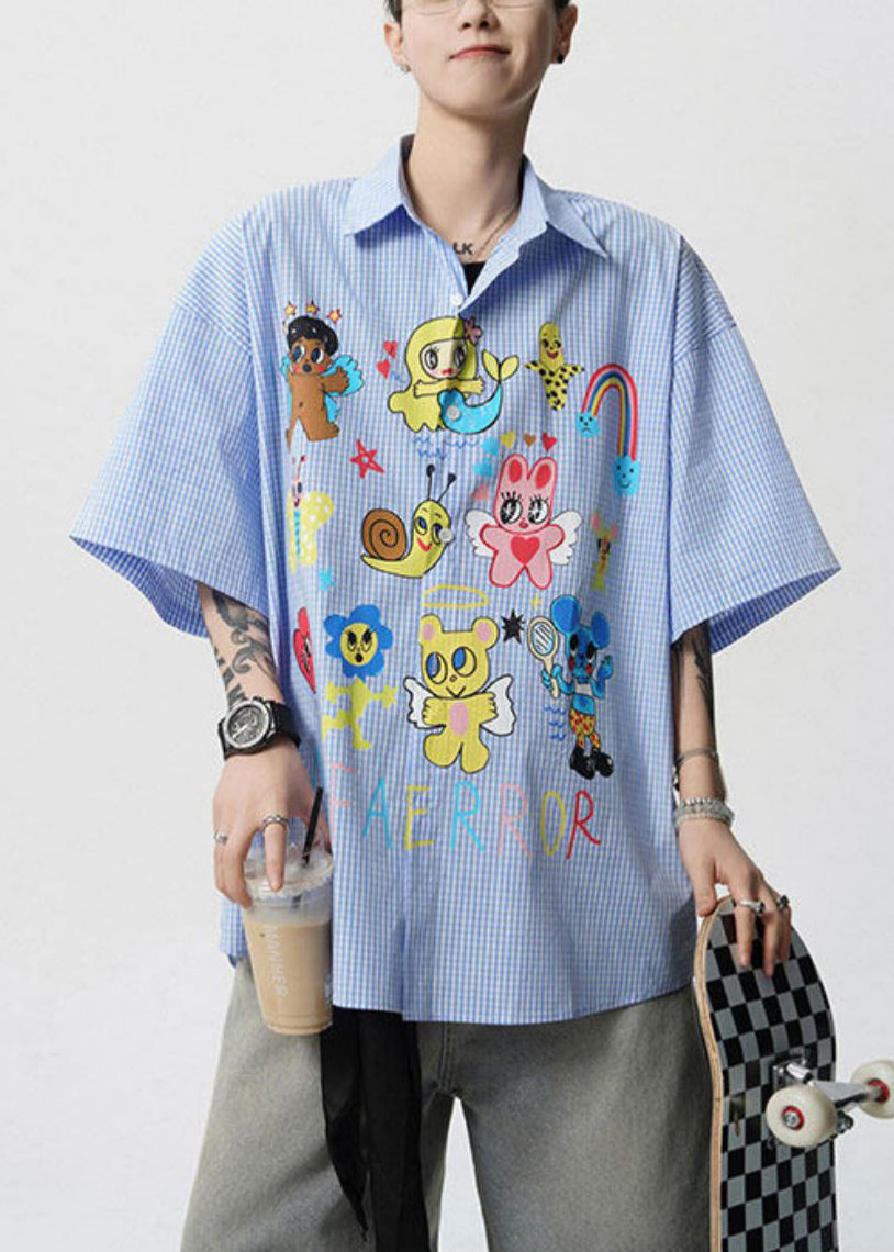 Cotton Mens Pan Stylish Shirts Collar Blue Summer Print Peter