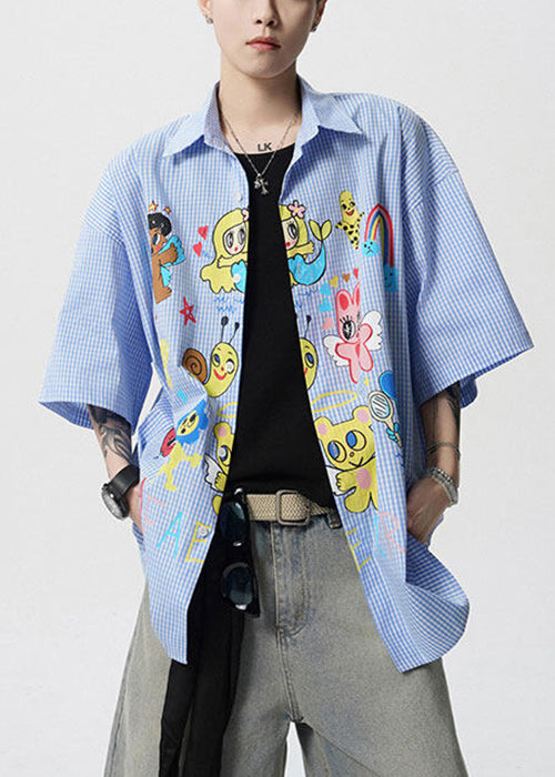 Cotton Mens Pan Stylish Shirts Collar Blue Summer Print Peter