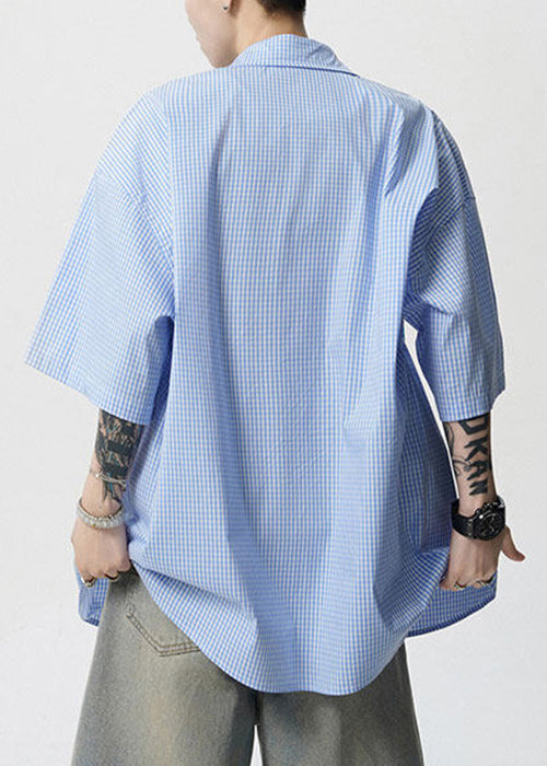 Cotton Mens Pan Stylish Shirts Collar Blue Summer Print Peter