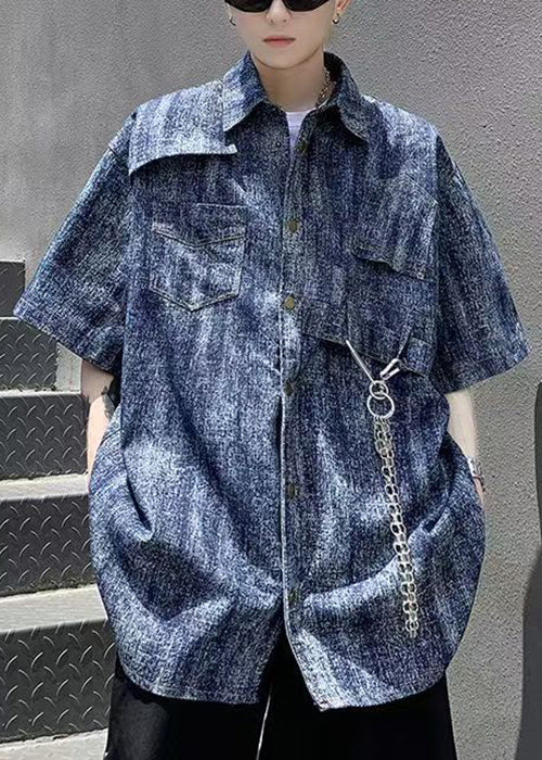 Sleeve Half Stylish Denim Shirts Mens Dye Blue Chain Linked Tie