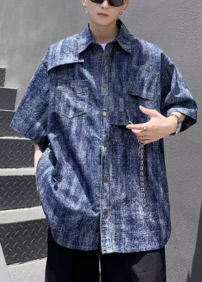 Sleeve Half Stylish Denim Shirts Mens Dye Blue Chain Linked Tie