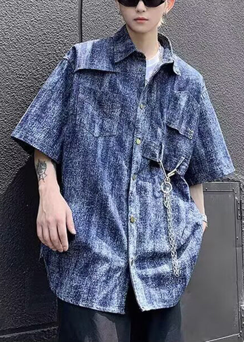 Sleeve Half Stylish Denim Shirts Mens Dye Blue Chain Linked Tie
