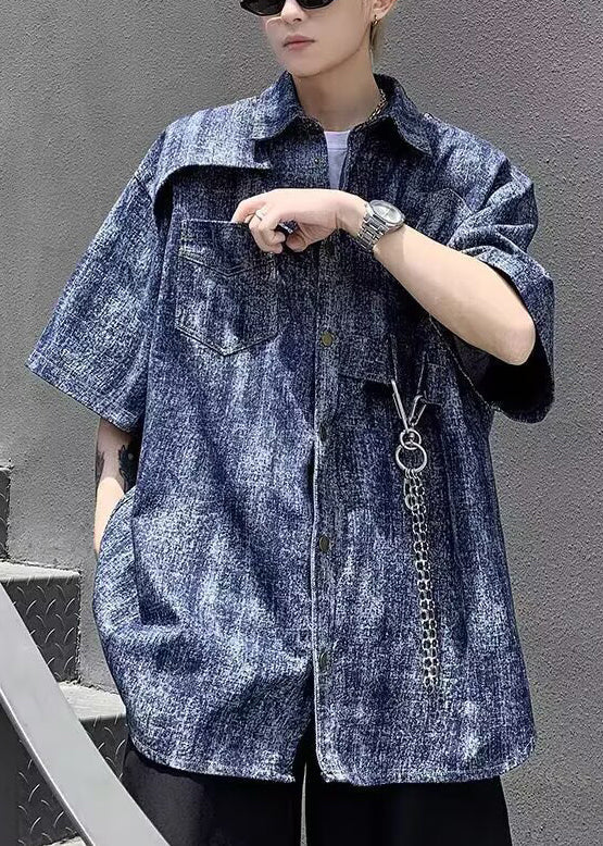 Sleeve Half Stylish Denim Shirts Mens Dye Blue Chain Linked Tie