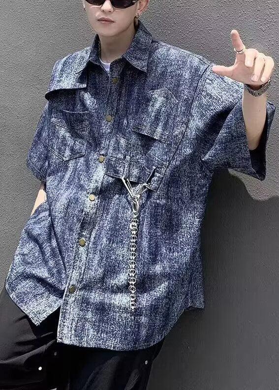 Sleeve Half Stylish Denim Shirts Mens Dye Blue Chain Linked Tie