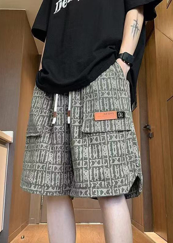 Pockets Green Cotton Elastic Men Print Summer Waist Shorts Stylish