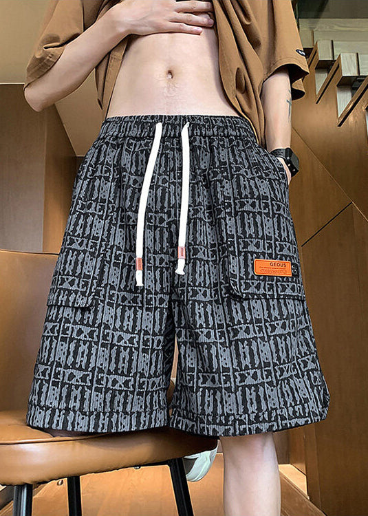 Pockets Green Cotton Elastic Men Print Summer Waist Shorts Stylish