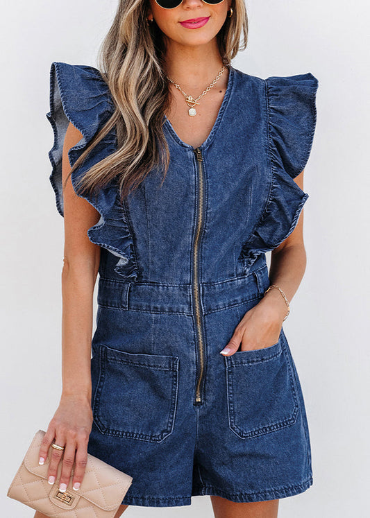 Stylish Sleeve Jumpsuit Denim Navy O-Neck Zippered Ruffled Short