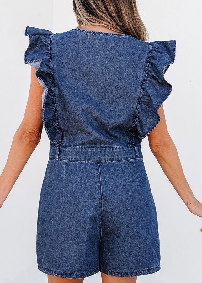 Stylish Sleeve Jumpsuit Denim Navy O-Neck Zippered Ruffled Short
