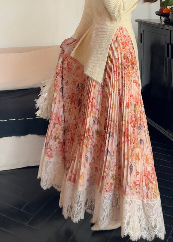 Print Chiffon Patchwork Orange Lace Skirt Stylish Pleated Summer