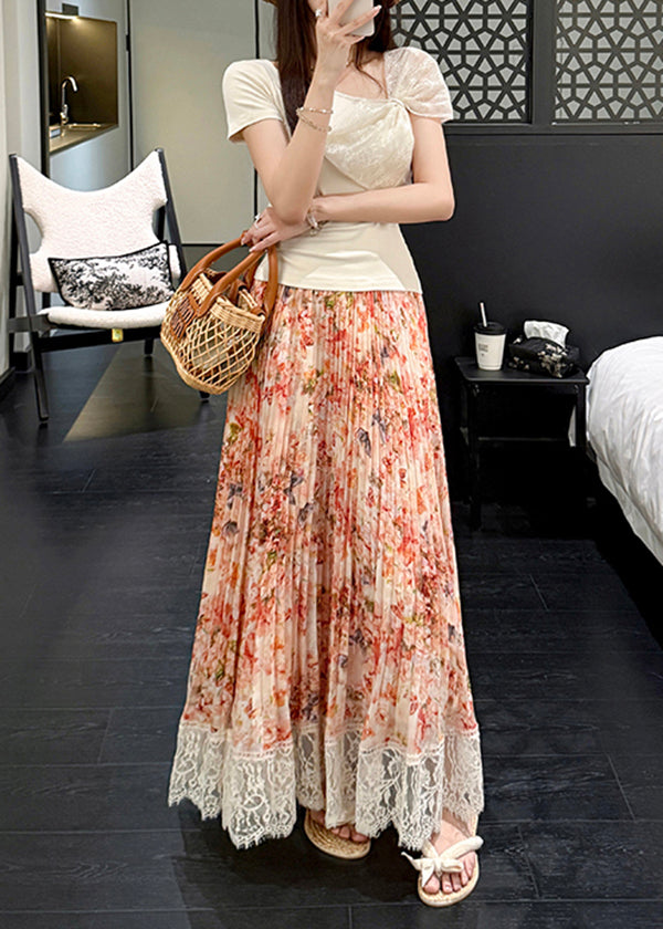 Print Chiffon Patchwork Orange Lace Skirt Stylish Pleated Summer