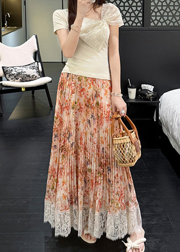 Print Chiffon Patchwork Orange Lace Skirt Stylish Pleated Summer