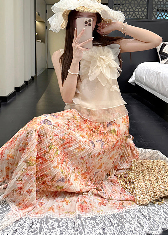 Print Chiffon Patchwork Orange Lace Skirt Stylish Pleated Summer