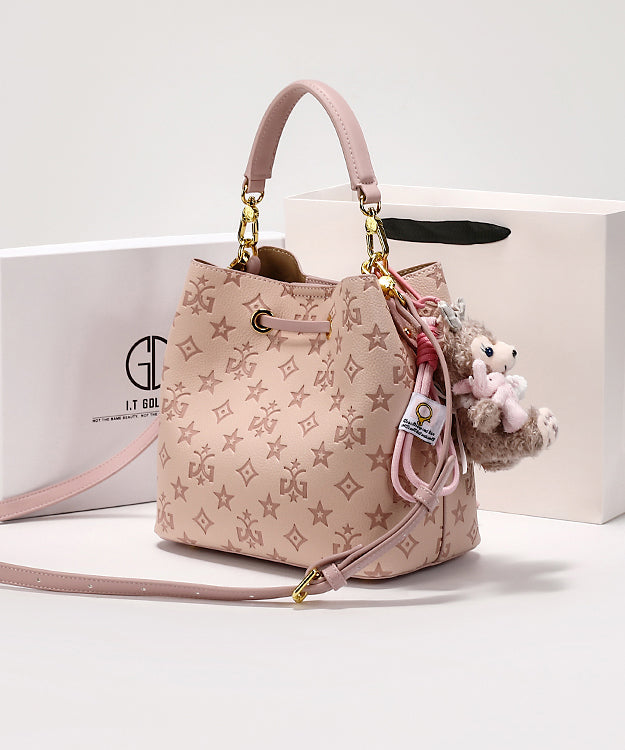 Bucket Stylish Leather Bag Calf Pink Embossed