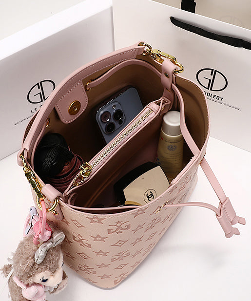 Bucket Stylish Leather Bag Calf Pink Embossed