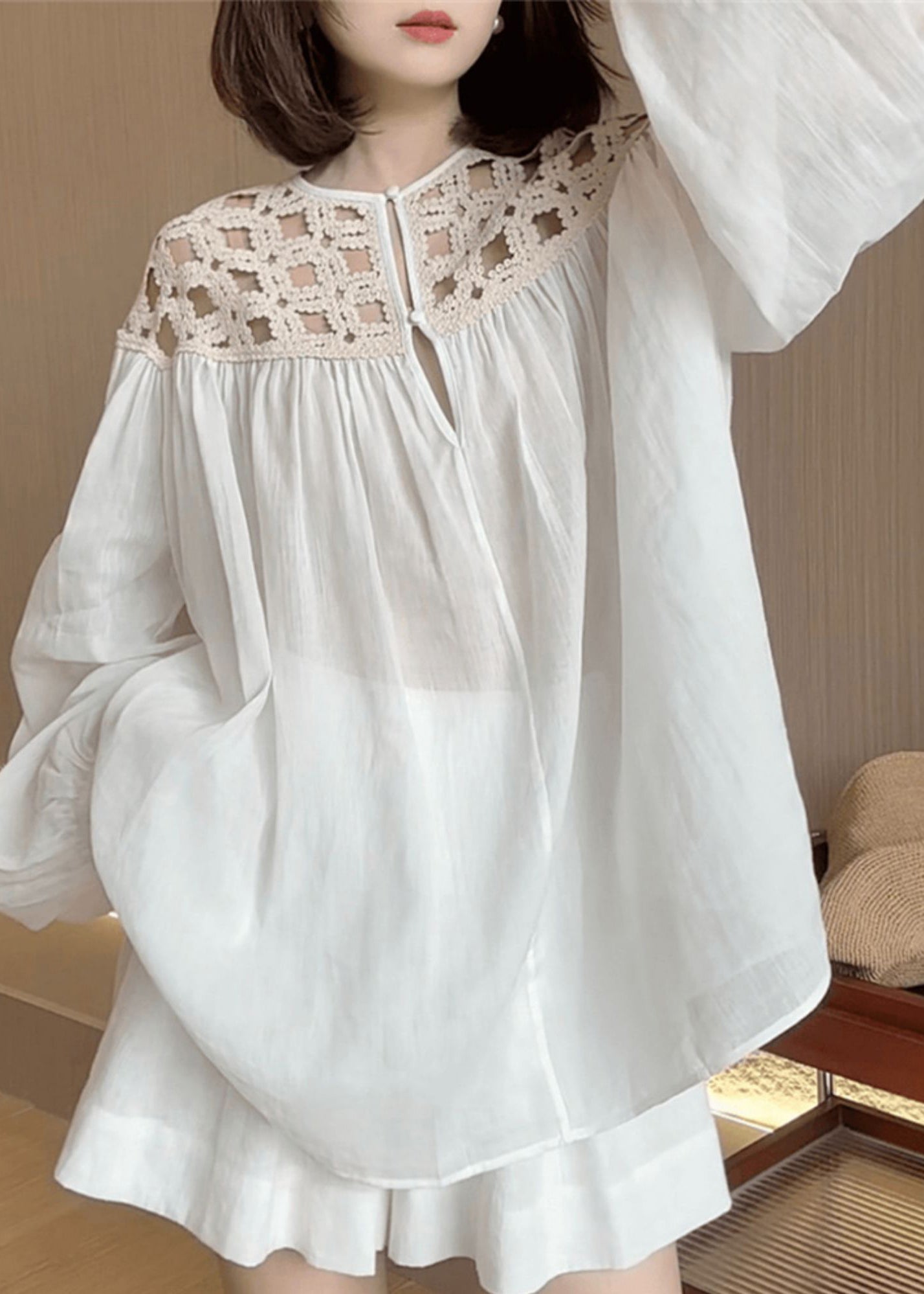 Hollow Shirts Cotto Wrinkled Out Fall Stylish Silk White O-Neck