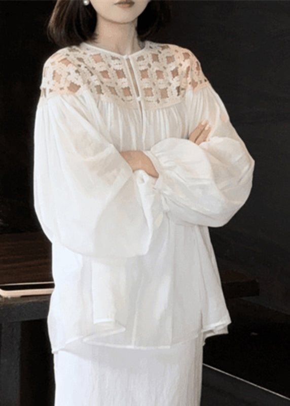 Hollow Shirts Cotto Wrinkled Out Fall Stylish Silk White O-Neck